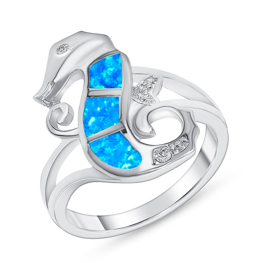 Silver 925 Rhodium Plated Ladies Seahorse Opal Ring. OPALR3