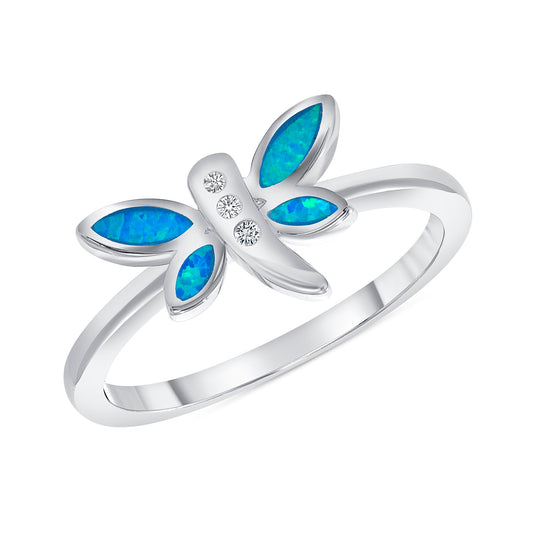 Silver 925 Rhodium Plated Ladies Butterfly Opal Ring. OPALR5