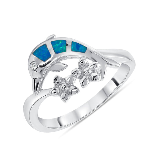 Silver 925 Rhodium Plated Ladies Dolphin Opal Ring. OPALR8