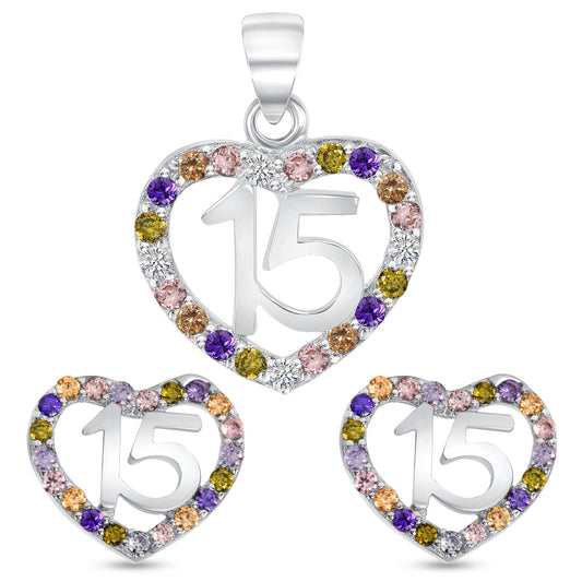 Silver 925 Rhodium Plated 15 Years Ribbon Multicolor Cubic Zirconia Set. PS0043C1-MUL