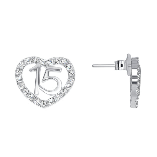 Silver 925 Rhodium Plated 15 Years Ribbon Clear Cubic Zirconia Set. PS0043C1