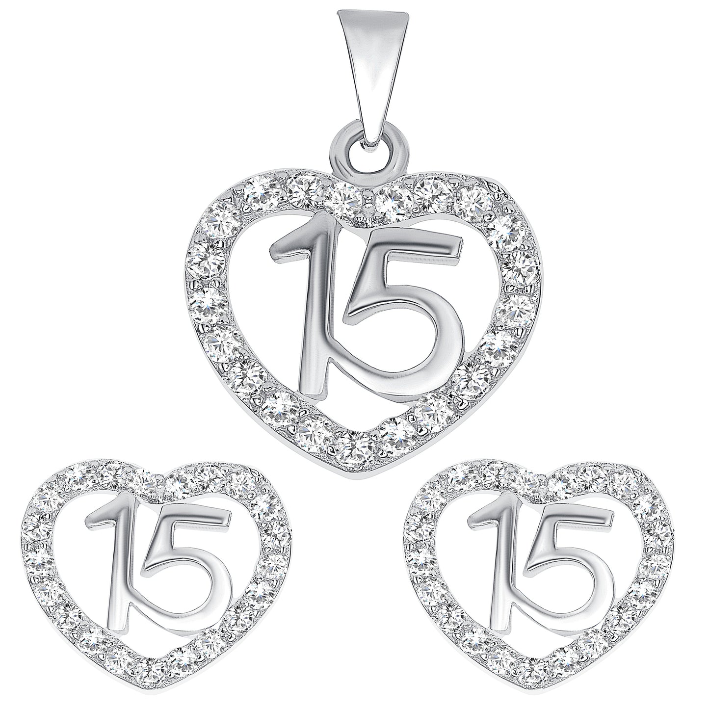 Silver 925 Rhodium Plated 15 Years Ribbon Clear Cubic Zirconia Set. PS0043C1
