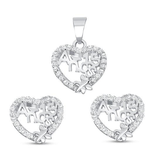 Silver 925 Rhodium Plated Full Heart 15 Years Cubic Zirconia Set. PS0573C1
