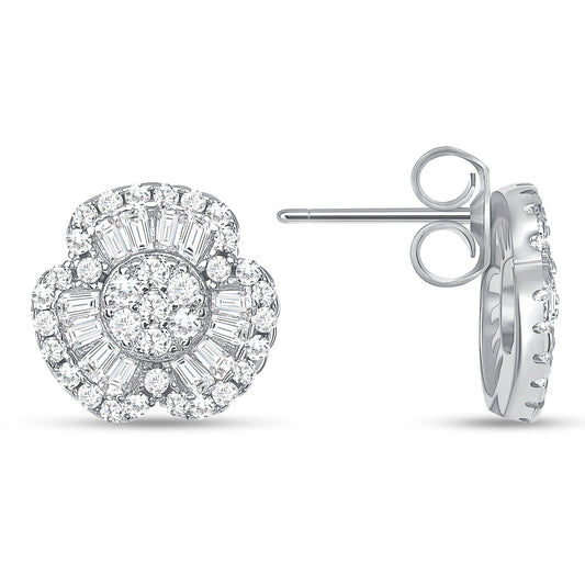 Silver 925 Rhodium Plated 3 Petal Flower Cubic Zirconia Set. PS1045C1