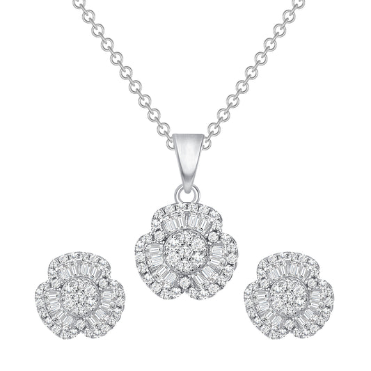 Silver 925 Rhodium Plated 3 Petal Flower Cubic Zirconia Set. PS1045C1