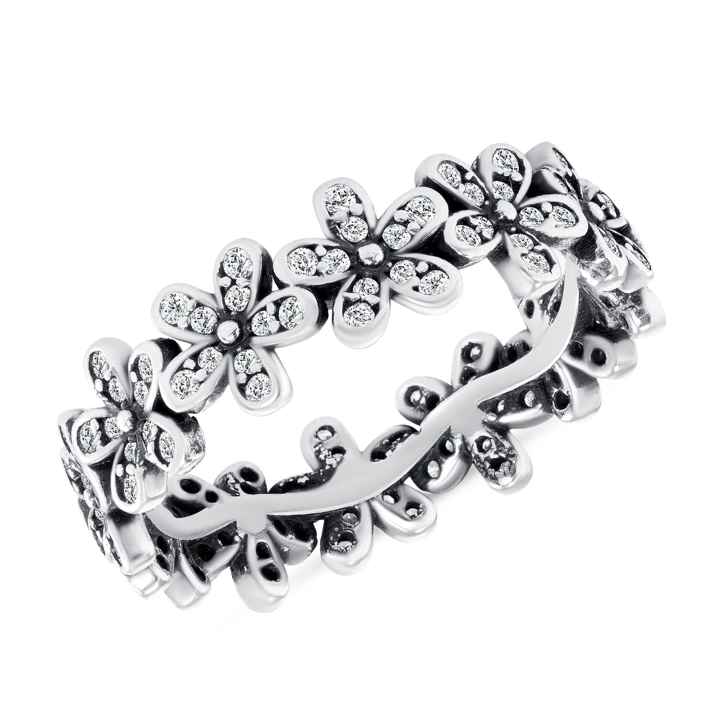 Silver 925 Rhodium Plated Silver Flower Cubic Zirconia Ring. R10047