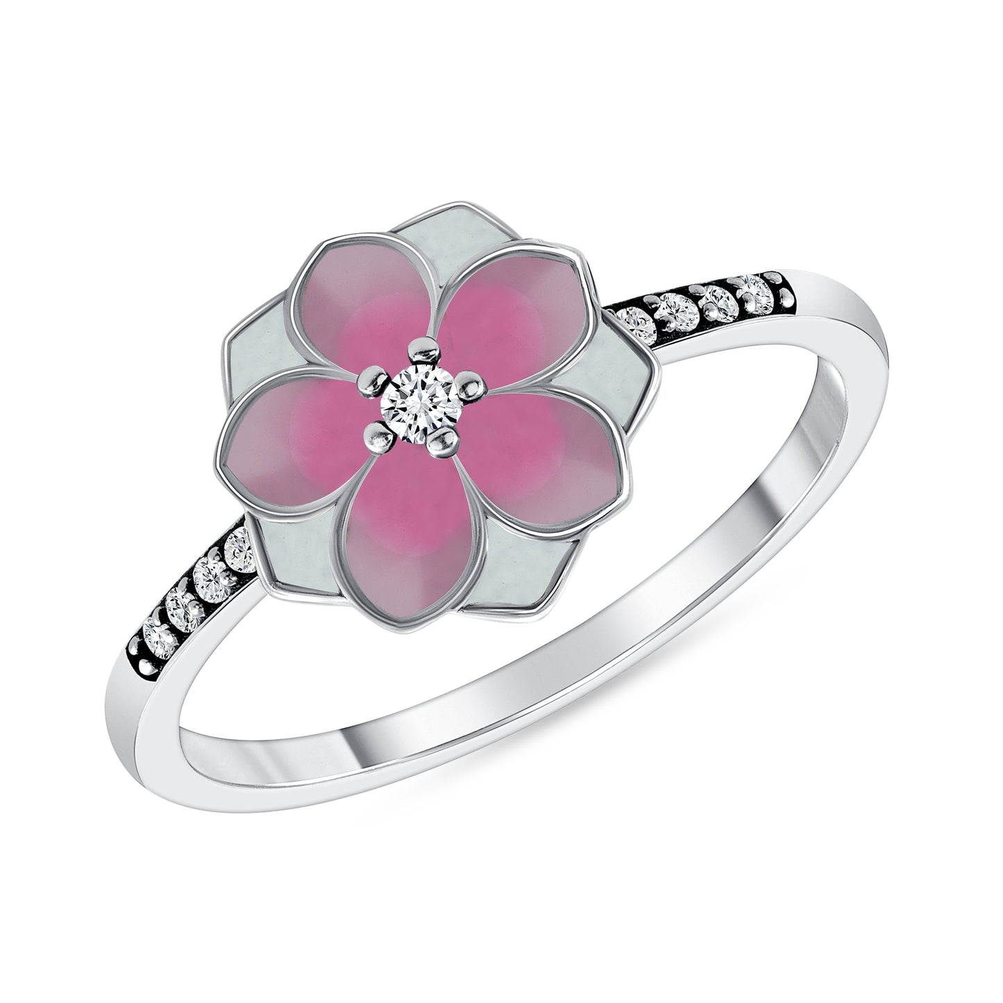 Silver 925 Rhodium Plated White and Pink Flower Enamel Ring. R10211