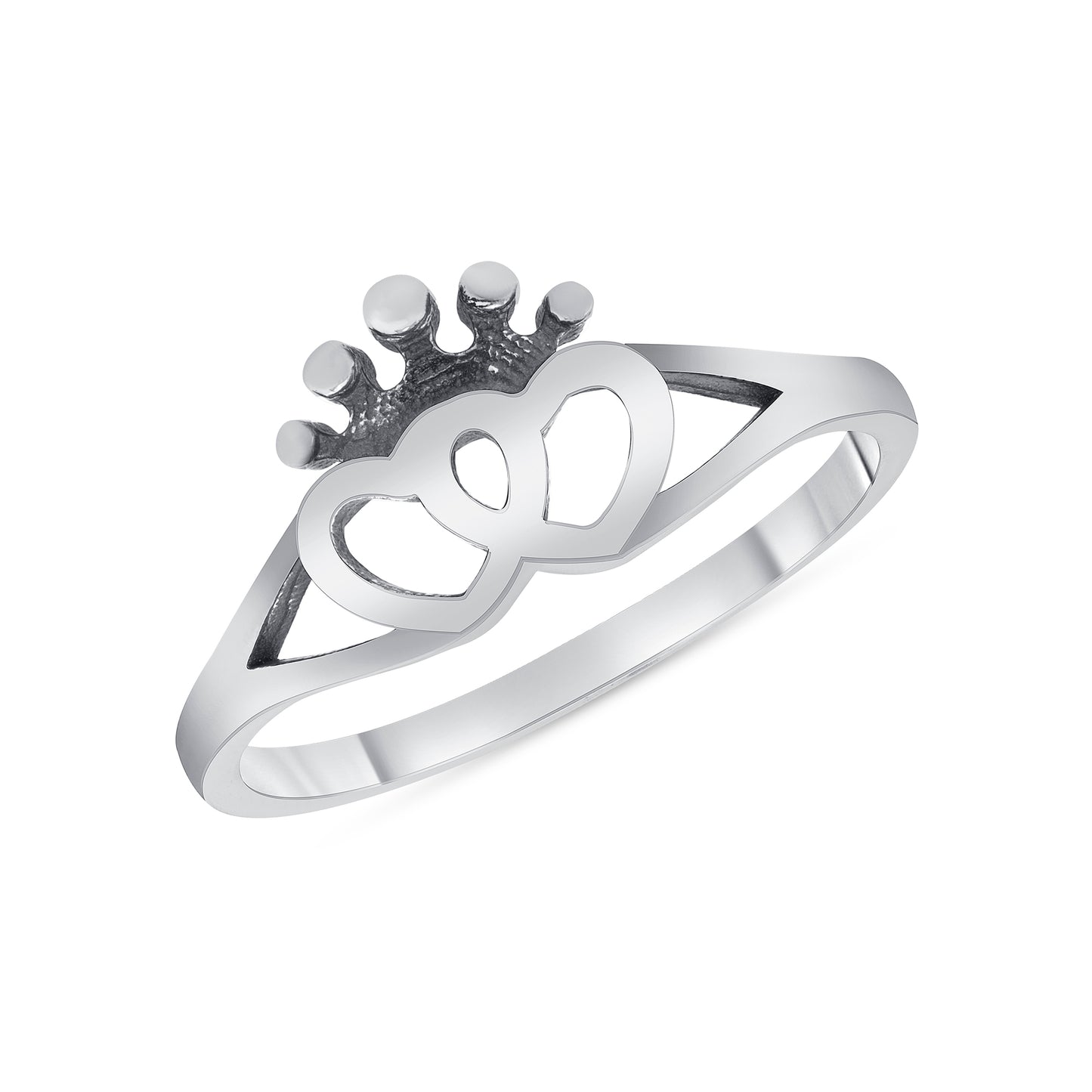 Silver 925 Rhodium Plated Two Hearts Crown Ring. R10221