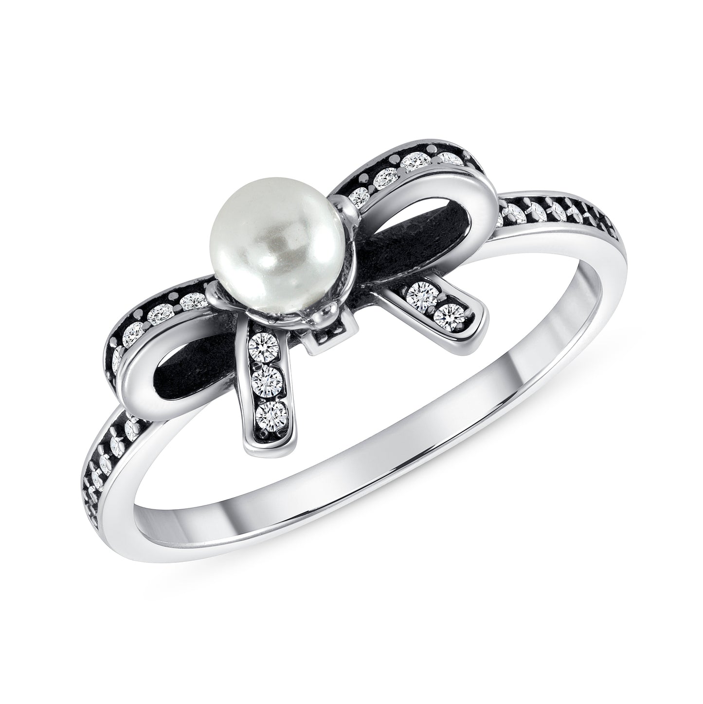Silver 925 Rhodium Plated Bow with Pearl Ring. R10226