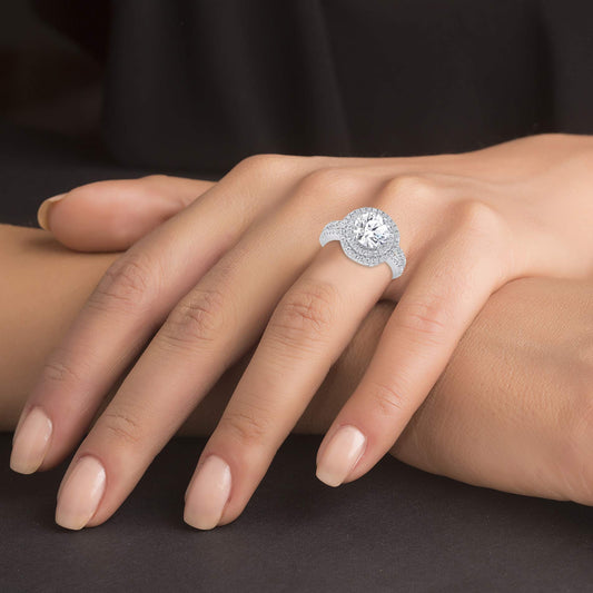 Sterling Silver Two Row Halo Style Solitaire Ring