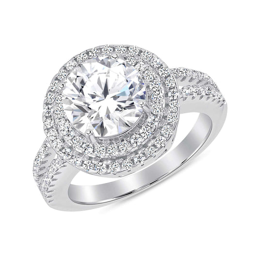Sterling Silver Two Row Halo Style Solitaire Ring