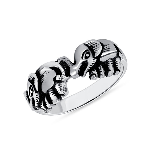 Silver 925 Oxidized 2 Two Elephant Ring. R68010394