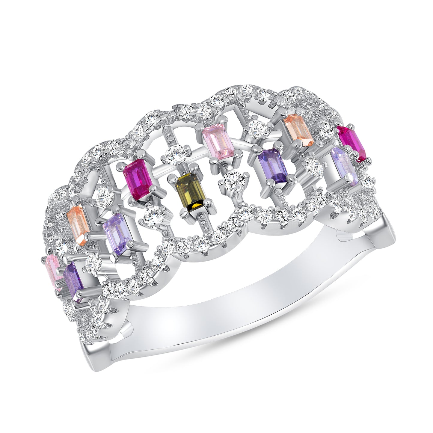 Silver 925 Rhodium Plated Multi Color Cubic Zirconia Ring. RS2290C1