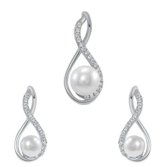 Silver 925 Rhodium Plated Infinity White Pearl Set. SETBP14361WHT