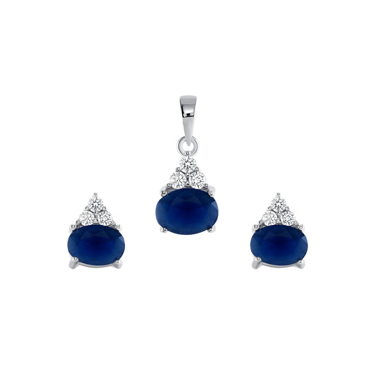Silver 925 Rhodium Plated Oval Blue Matte Cubic Zirconia Crown Glass Set. SETBP13791BLU