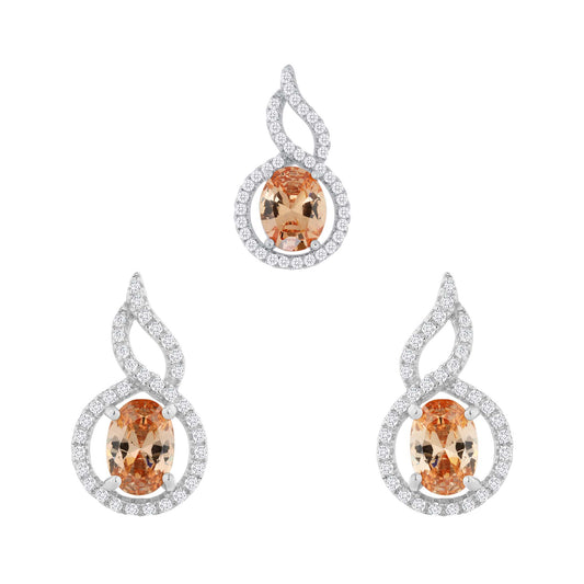 Silver 925 Rhodium Plated Cubic Zirconia Twist Halo Champagne Set. SETBP14431CHP