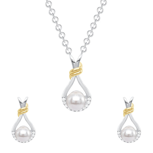 Silver 925 Cubic Zirconia Shell Pearl 2-tone Set. SETBP15019