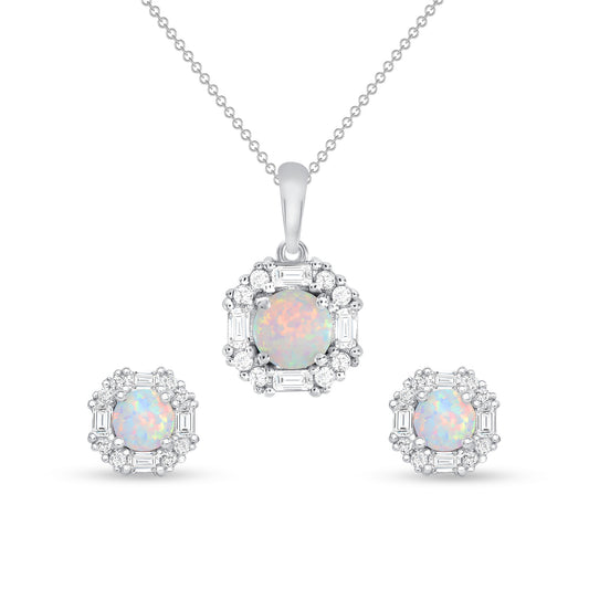 Silver 925 Rhodium Plated Octagon Opal Cubic Zirconia Set. SETBP15114OPL