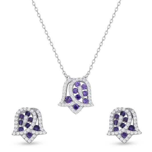 Silver 925 Rhodium Plated Tulip Flower Amethyst Purple Cubic Zirconia Set. SETDGN1297AMY