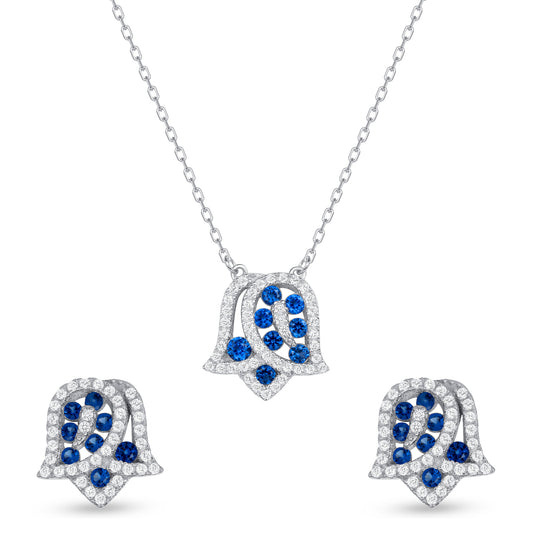 Silver 925 Rhodium Plated Tulip Flower Sapphire Blue Cubic Zirconia Set. SETDGN1297BLU
