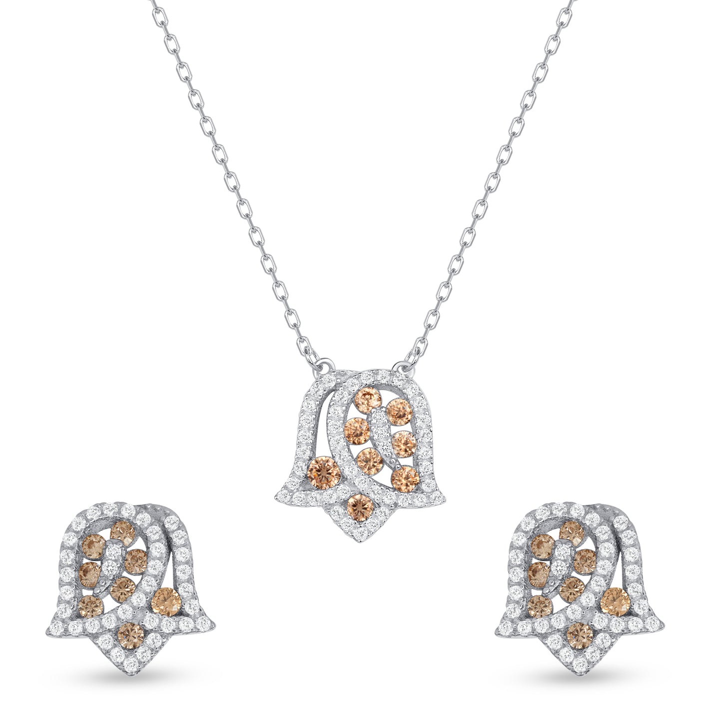 Silver 925 Rhodium Plated Tulip Flower Champagne Cubic Zirconia Set. SETDGN1297CHP
