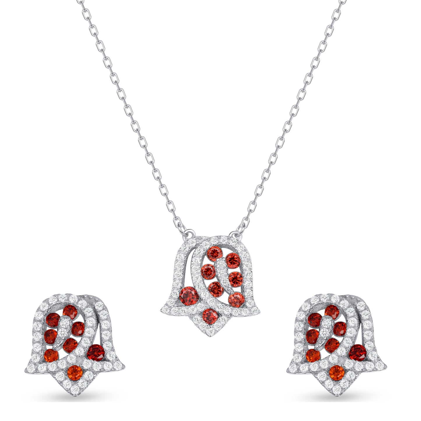 Silver 925 Rhodium Plated Tulip Flower Ruby Red Cubic Zirconia Set. SETDGN1297RED