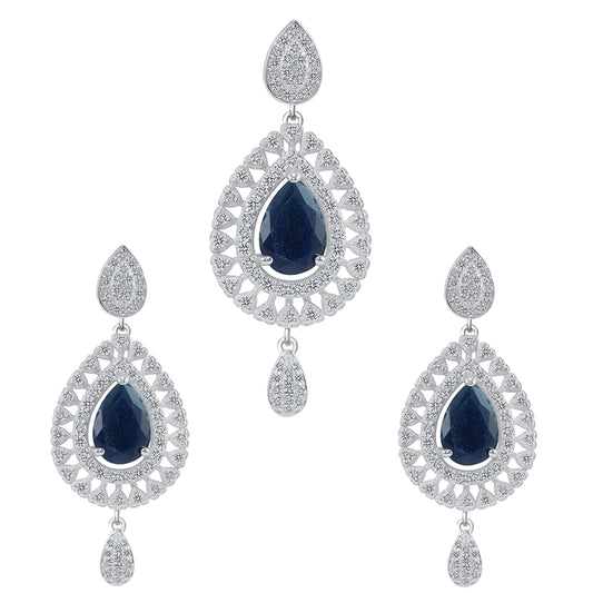 Silver 925 Rhodium Plated Blue Sapphire Pear Shape Cubic Zirconia Set. SETDGP1677BLU