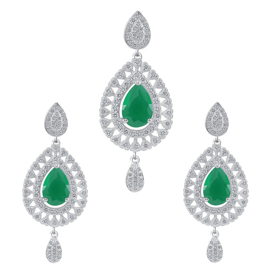 Silver 925 Rhodium Plated Green Emerald Pear Shape Cubic Zirconia Set. SETDGP1677GRN