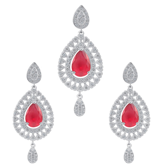 Silver 925 Rhodium Plated Garnet Pear Shape Cubic Zirconia Set. SETDGP1677RED