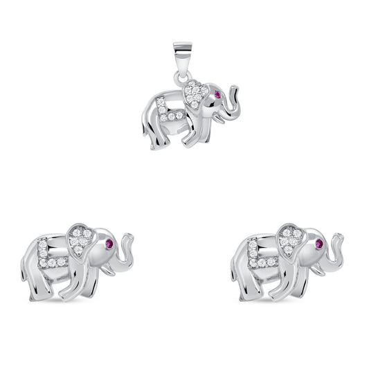 Silver 925 Rhodium Plated Red Eye Cubic Zirconia Elephant Set. SETGP7664RED