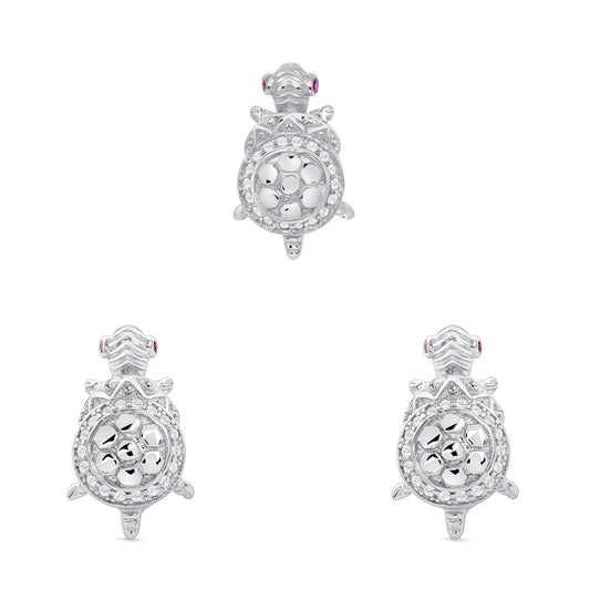 Silver 925 Rhodium Plated Red Eye Cubic Zirconia Turtle Set. SETGP7681