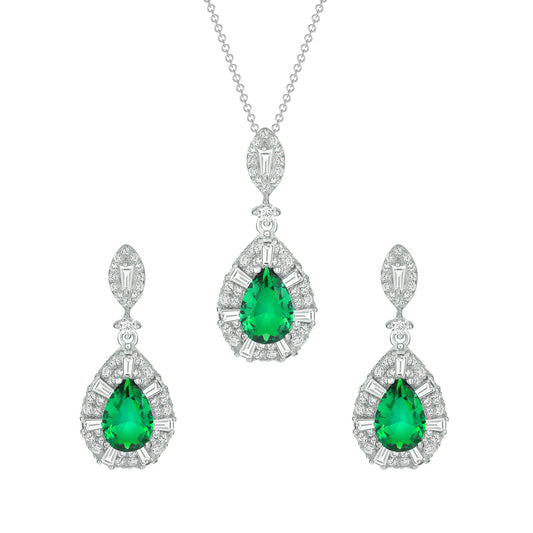 Silver 925 Rhodium Plated Green Cubic Zirconia Tear Drop Shape Set. SETBP14848GRN