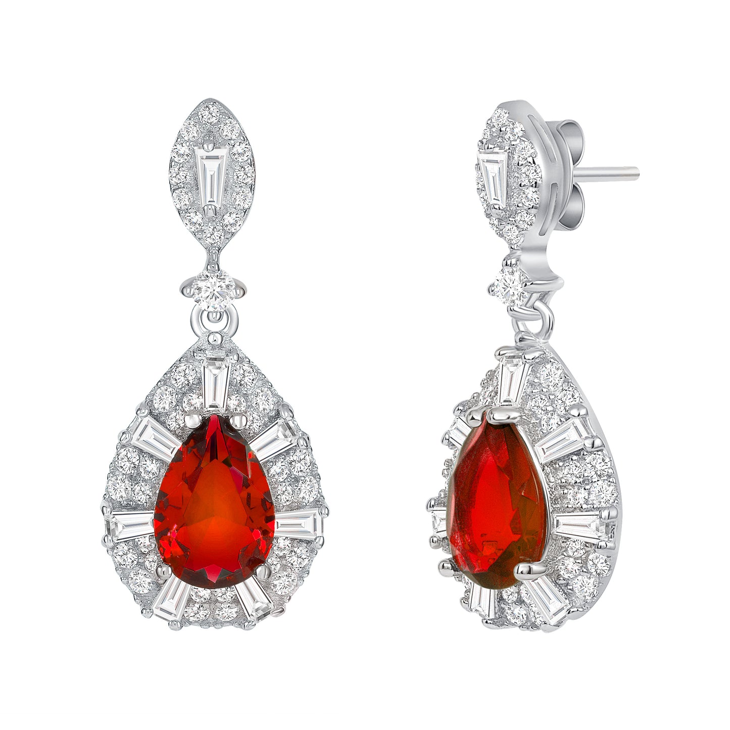 Silver 925 Rhodium Plated Red Cubic Zirconia Tear Drop Shape Set. SETBP14848RED