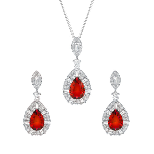 Silver 925 Rhodium Plated Red Cubic Zirconia Tear Drop Shape Set. SETBP14848RED
