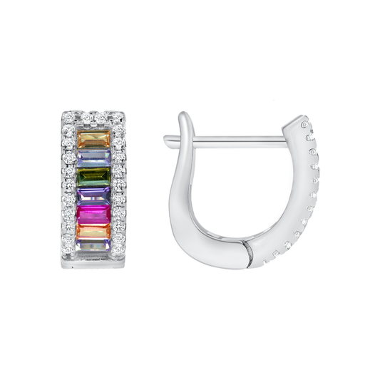 Silver 925 Rhodium Plated Multi Color Cubic Zirconia Hoop Oval. EAR03