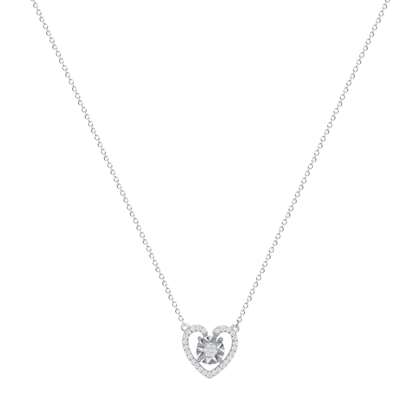 Silver 925 Rhodium Plated Cubic Zirconia Heart Diamond Cut Necklace. BN3642