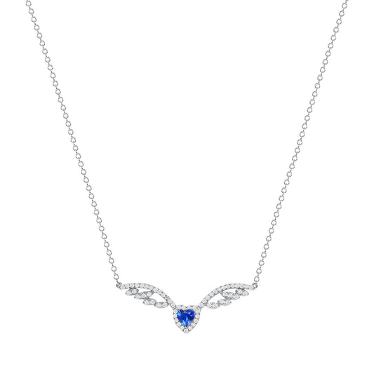 BN3961BLU. Silver 925 Flying Heart Blue Cubic Zirconia Necklace