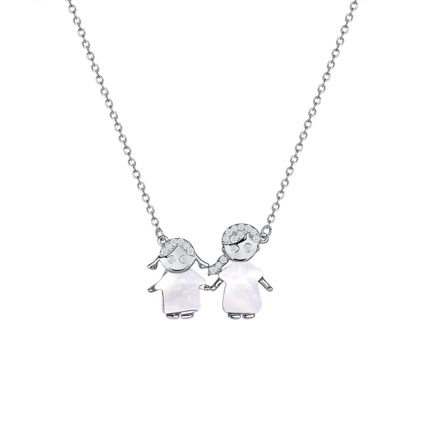 Silver 925  Rhodium Plated Two Girls Cubic Zirconia Necklace. BN4002
