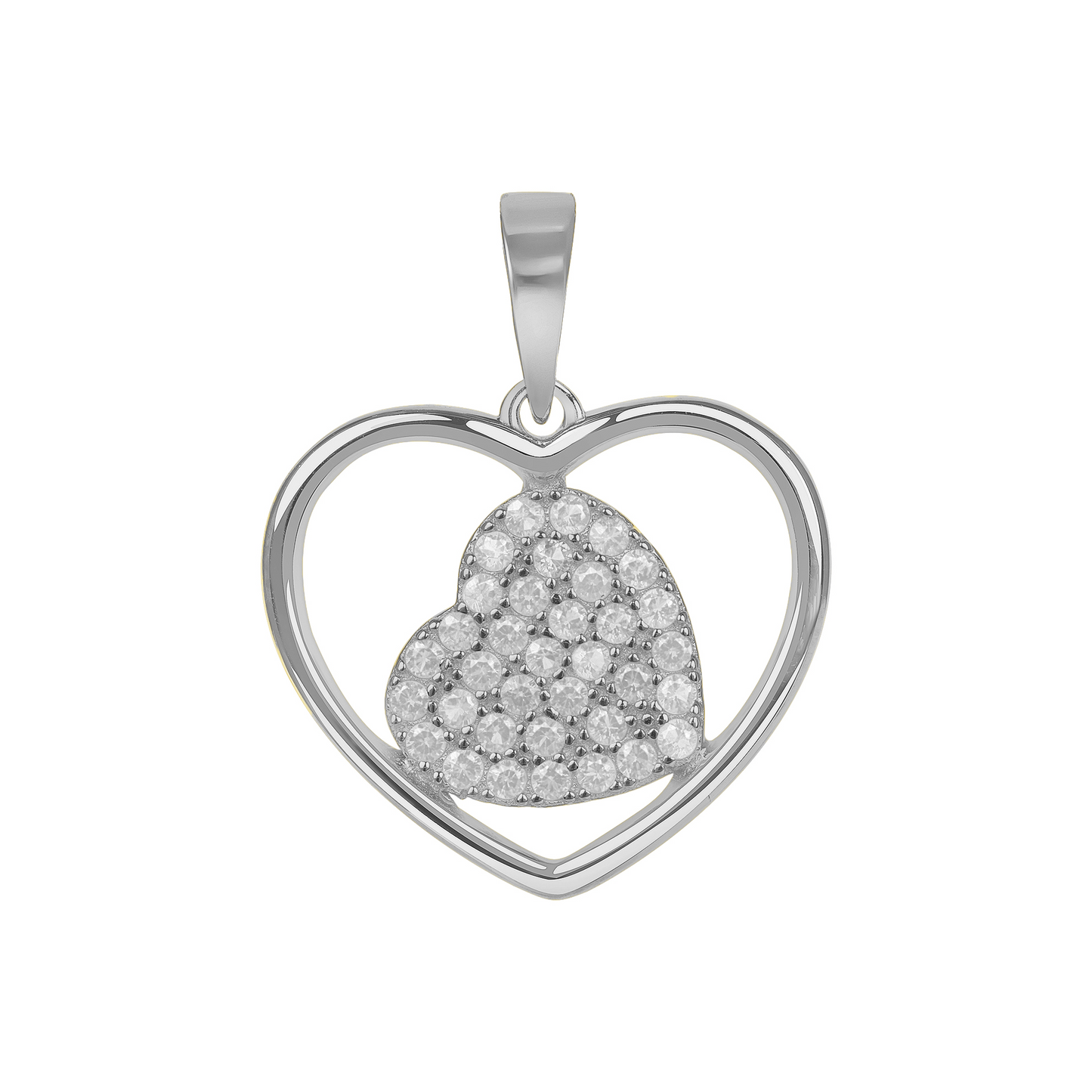 Silver 925 Rhodium Plated Cubic Zirconia Heart in Big Heart Pendant. BP14495RHD