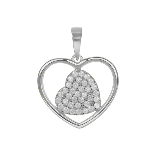 Silver 925 Rhodium Plated Cubic Zirconia Heart in Big Heart Pendant. BP14495RHD