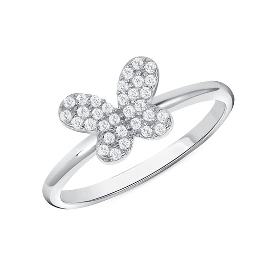 Silver 925 Rhodium Plated Micro Pave Cubic Zirconia Butterfly Ring. BR13811