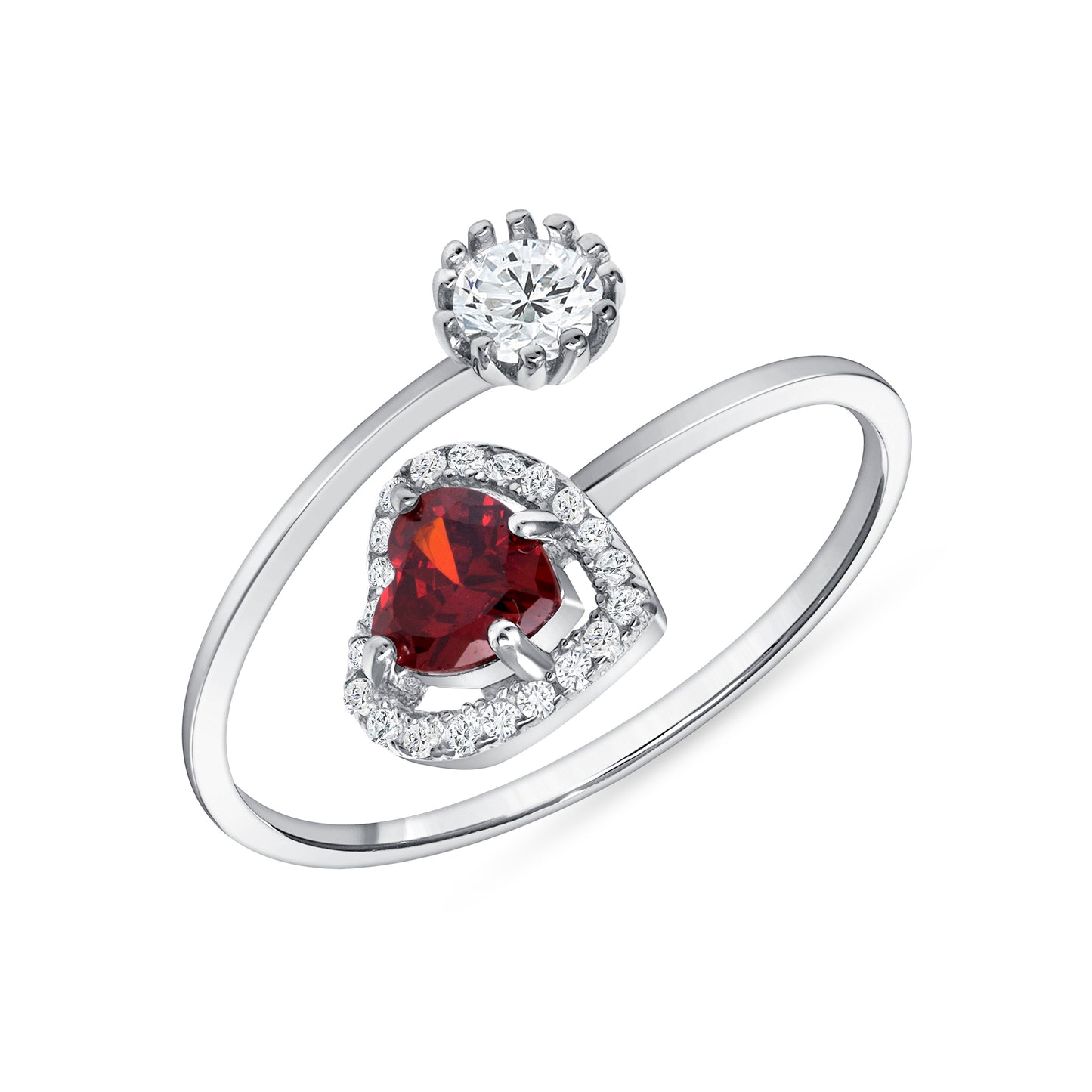 BR14510RED. Silver 925 Rhodium Plated Red Stone w/ Cubic Zirconia Open Ring