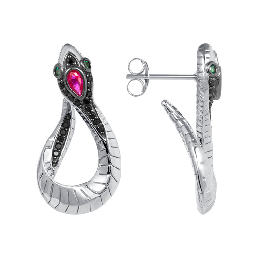Silver 925 Rhodium Plated Red and Green Cubic Zirconia Snake Earring. DGE2328