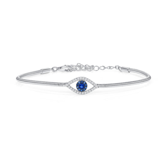 Silver 925 Rhodium Plated Blue Cubic Zirconia Eye Bangle. DGG0181