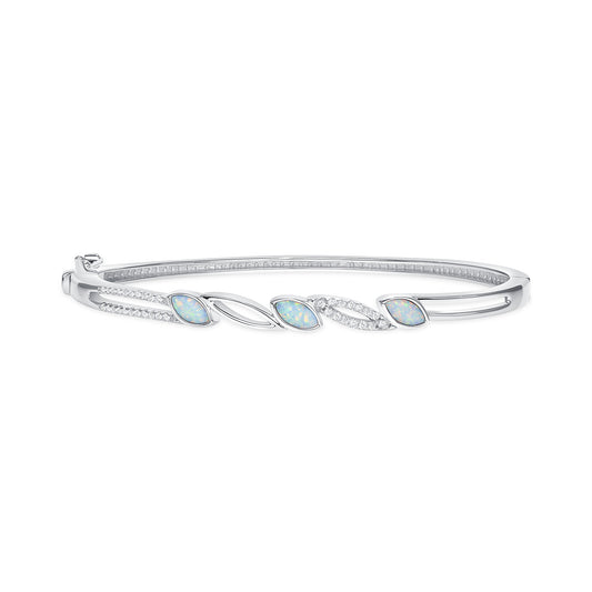 Silver 925 Rhodium Plated White Opal Cubic Zirconia Bangle. DGG0213