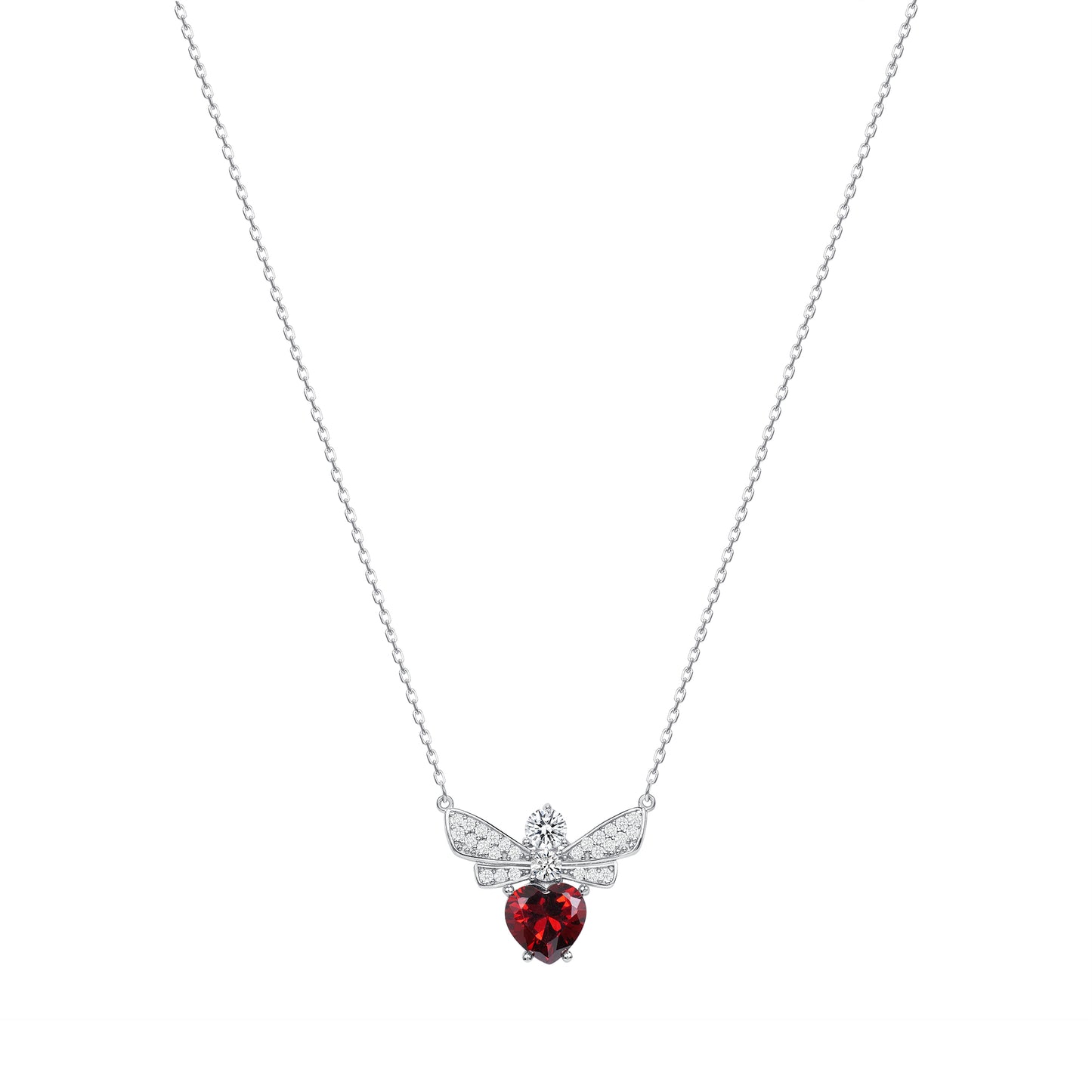 DGN1323. Silver 925  Heart Shape Red Cubic Zirconia Bee Necklace
