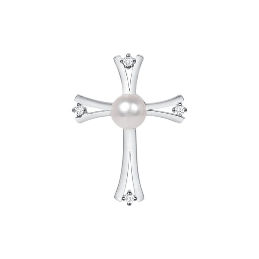 Silver 925 White Pearl and Clear Cubic Zirconia Cross Pendant. DGP1791