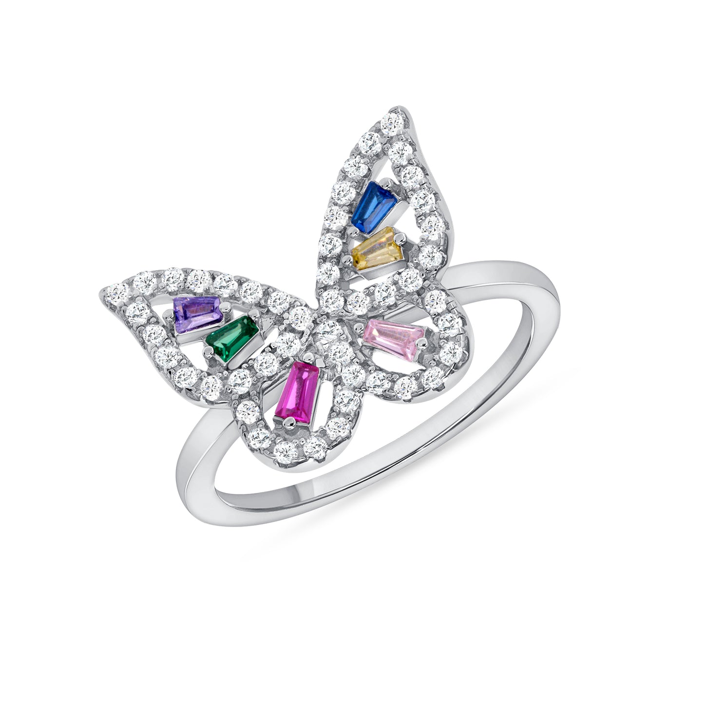 Silver 925 Rhodium Plated Multicolor Cubic Zirconia Butterfly Ring. DGR2293