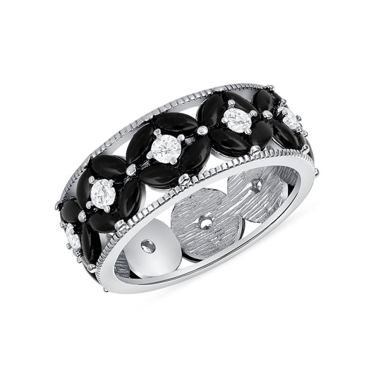 Silver 925 Rhodium Plated Silver Black Onyx Infinity Ring with Cubic Zirconia. DGR2298ONYX