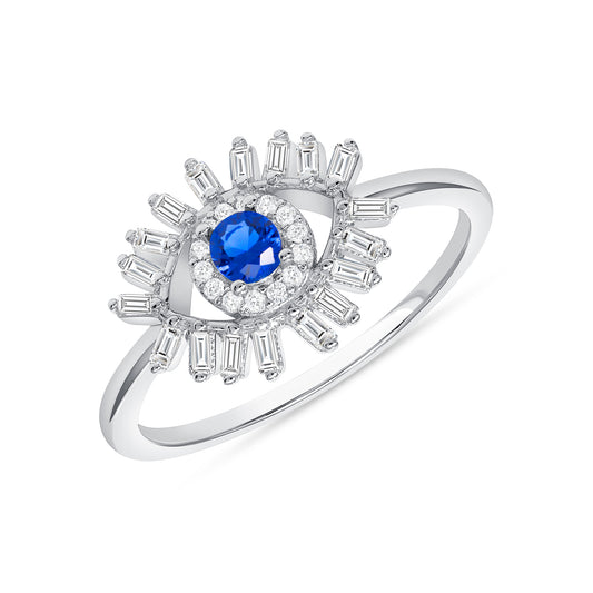 Silver 925 Blue Cubic Zirconia Baquette Evil Eye Ring. DGR2306
